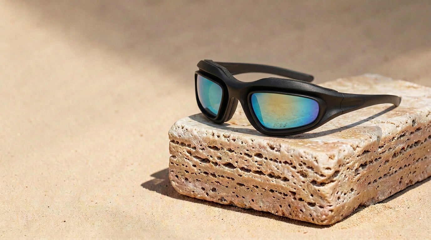 OLET Ember matte black sport wrap sunglasses with blue-gold mirrored lenses on travertine stone in warm sunlight