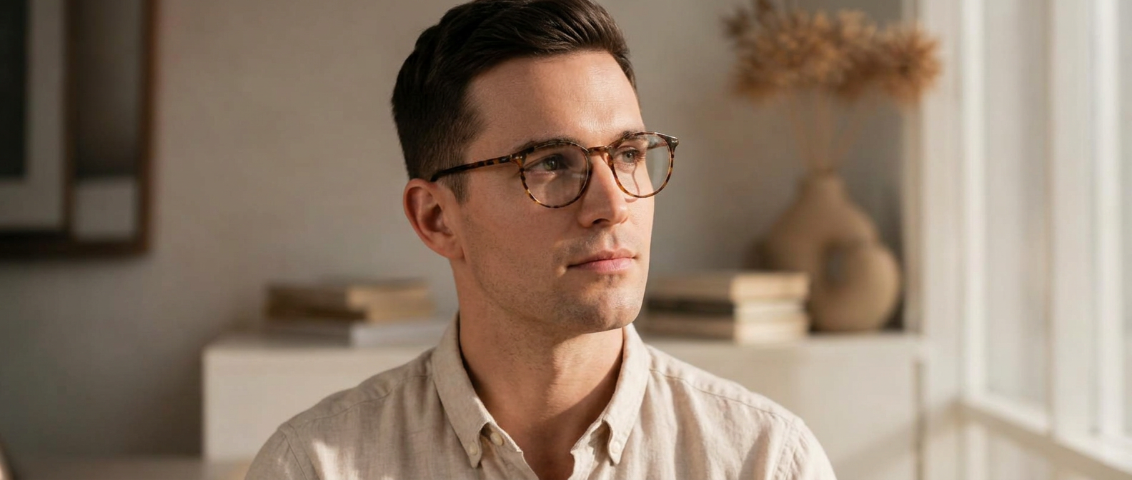 Person wearing OLET frames in natural daylight
